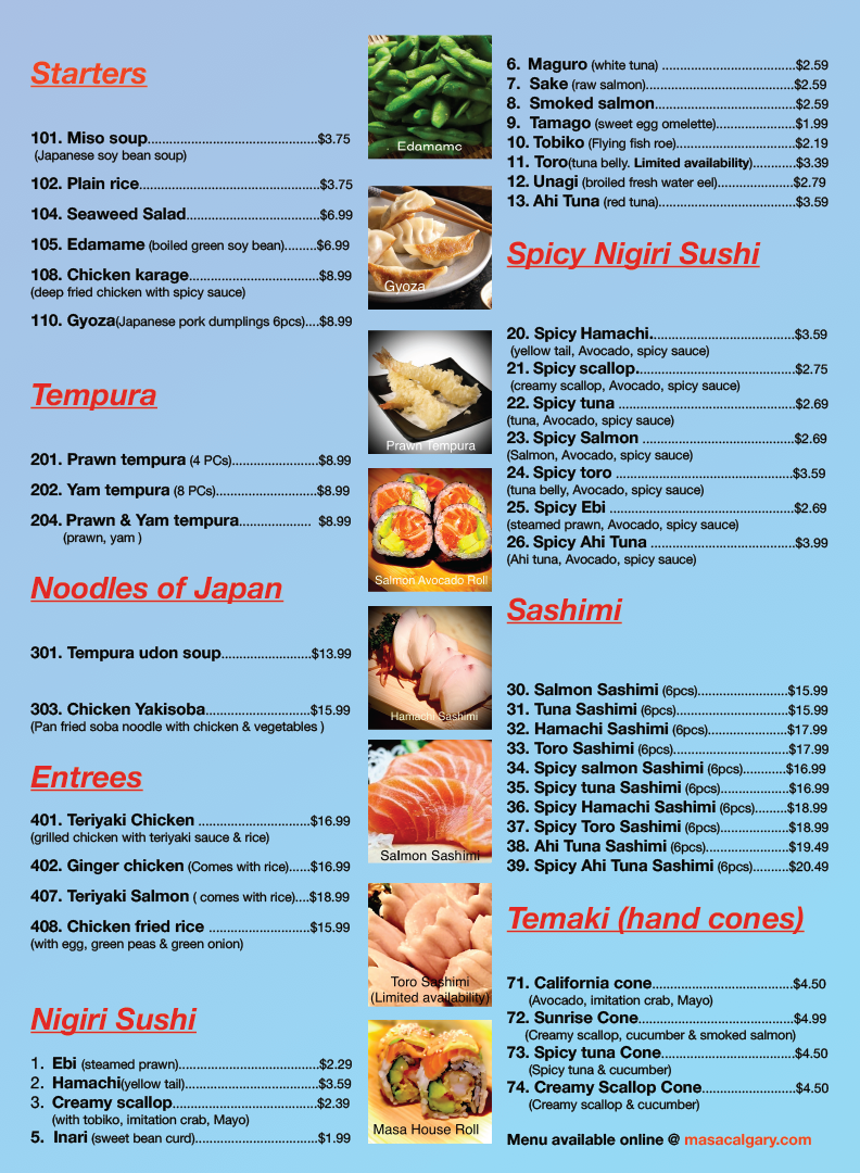 Masa Calgary Menu 2024